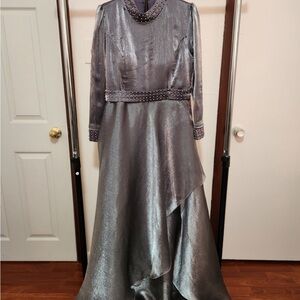 Stunning Metallic Silver Long Sleeve Modest Dress